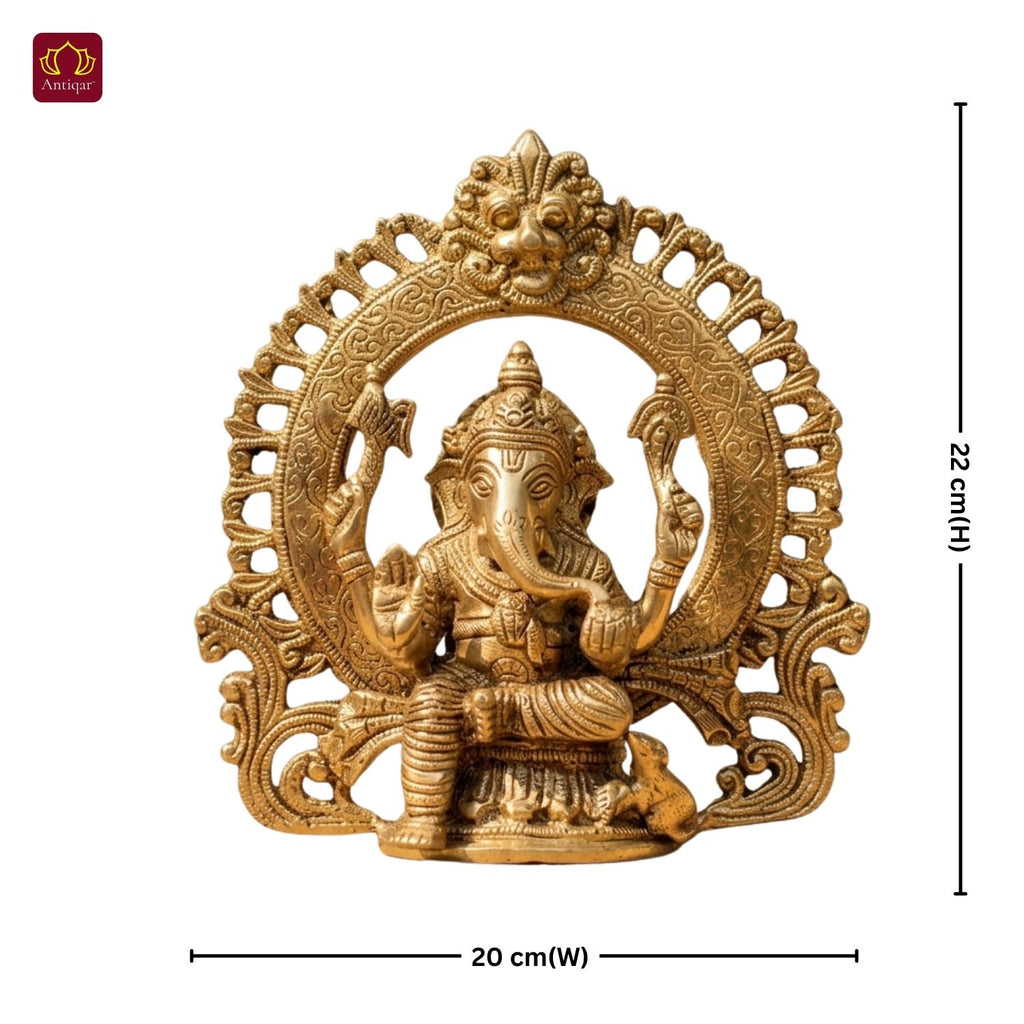Brass Ganesh Ji Idol with Ornate Frame – 22 cm | Sitting Position with Intricate Carving | Antique Golden Finish | Handcrafted for Temple, Home & Table Decor