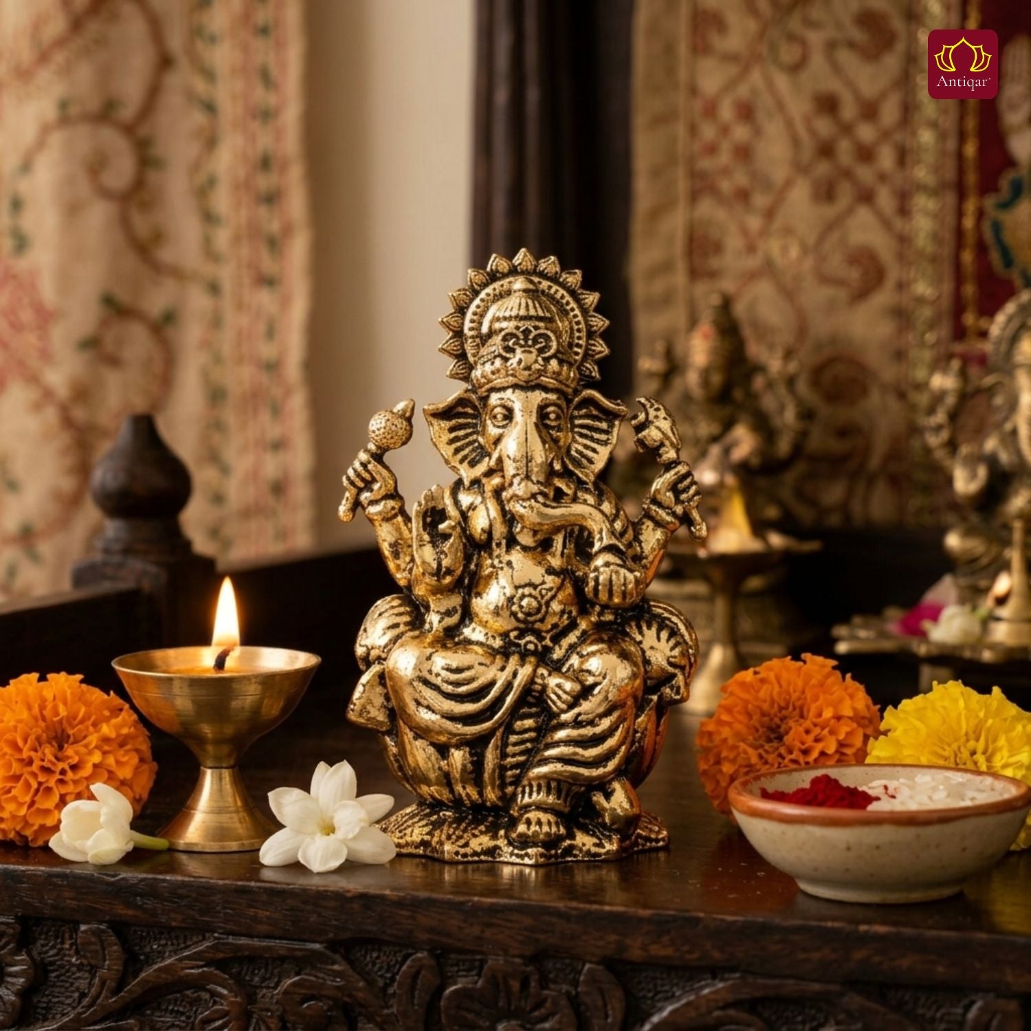 Brass Ganesh JI Idol - 5cm | Golden Finish | Spiritual Decor for Temple, Home & Car Dashboard