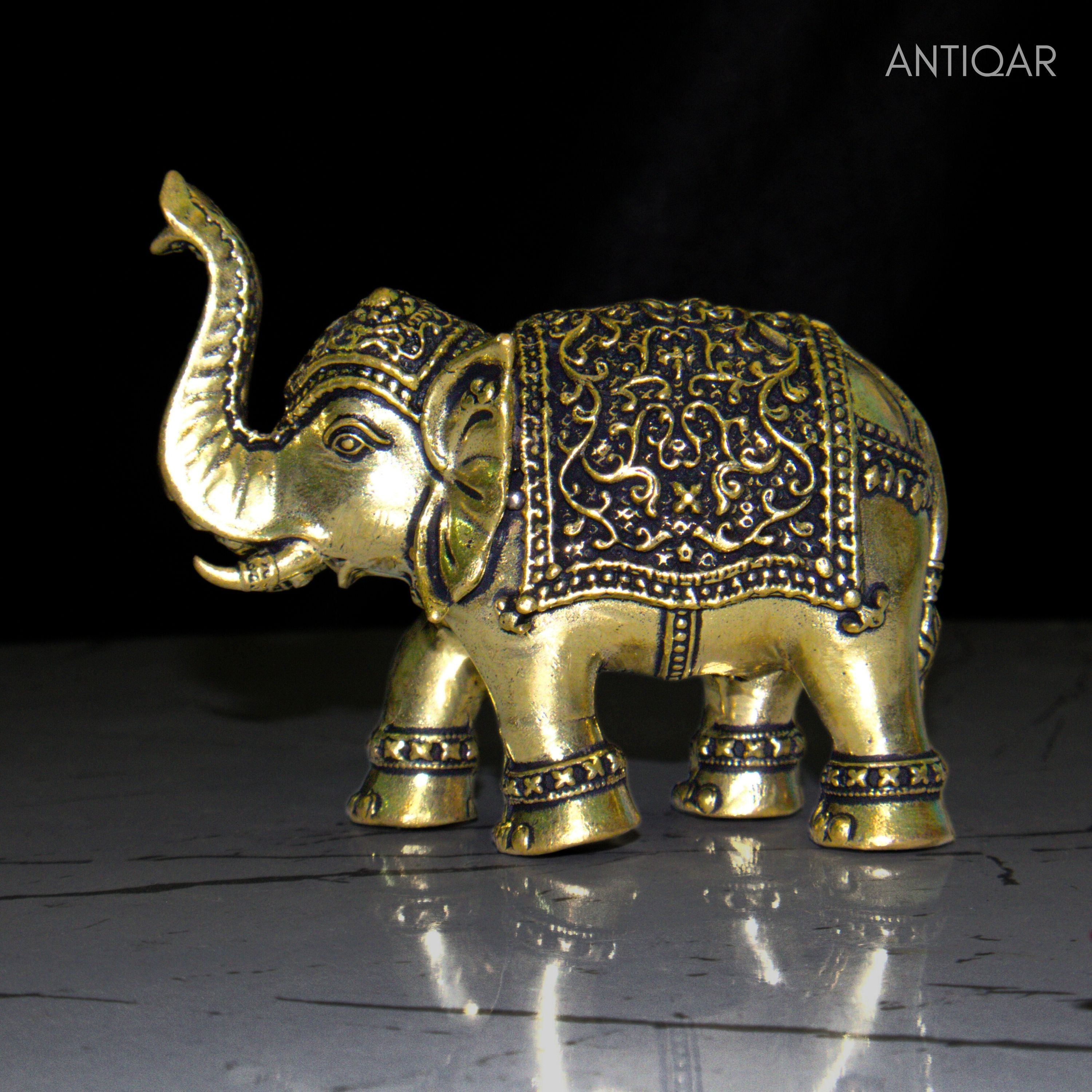 Brass Elephant Showpiece in Vintage Design - 8cm | Antique Golden Finish | Decorative Figurines for Temple, Home & Office