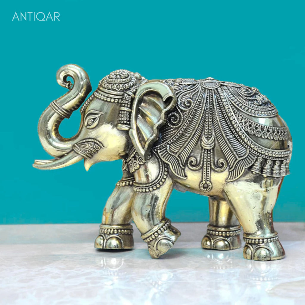 Brass Elephant Showpiece in Floral Design - 4cm | Antique Golden Finish | Decorative Figurines for Temple, Home & Office