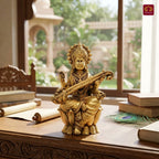Brass Saraswati Ji Idol - 7.5cm | Antique Golden Finish | Spiritual Idol for Temple & Home Decor