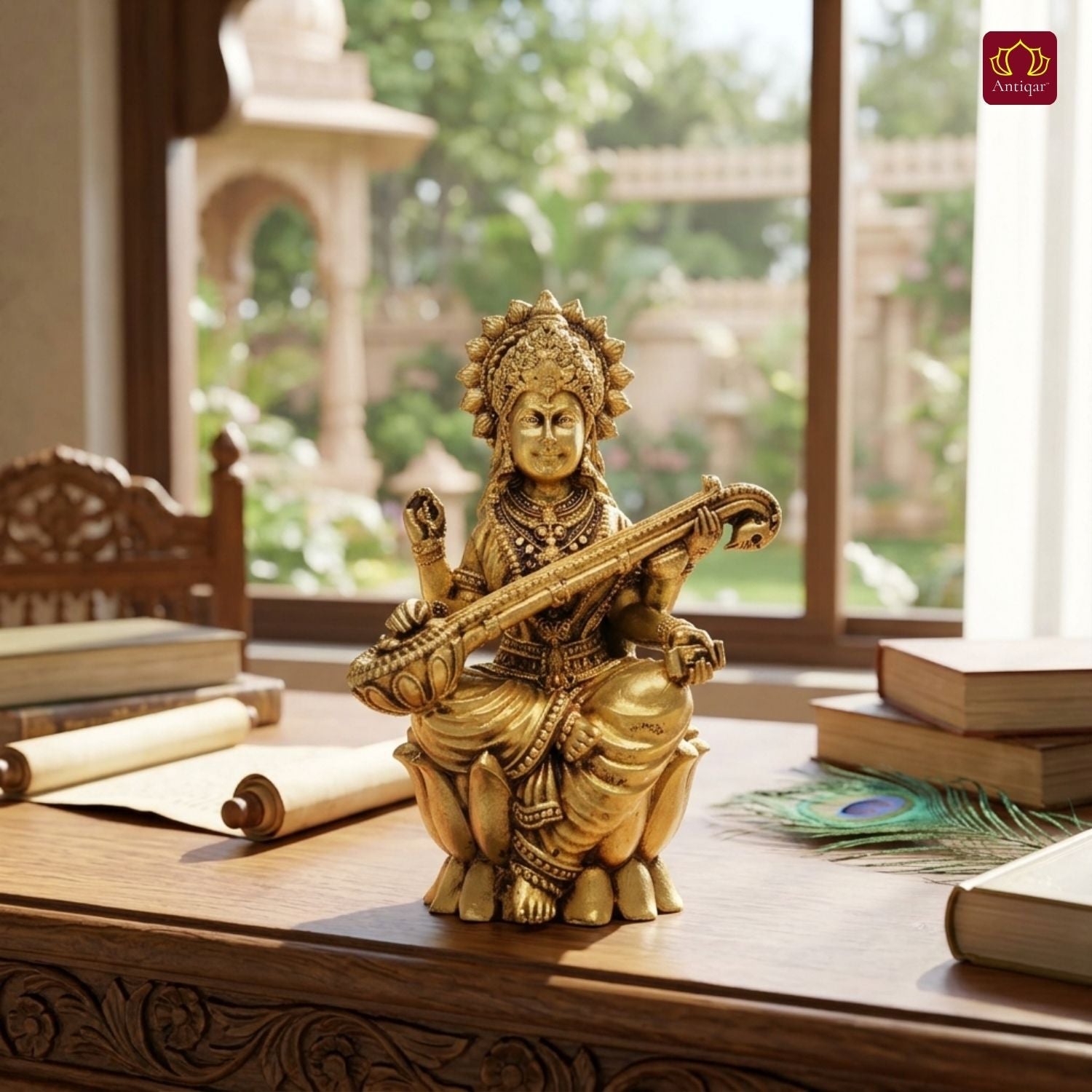Brass Saraswati Ji Idol - 7.5cm | Antique Golden Finish | Spiritual Idol for Temple & Home Decor