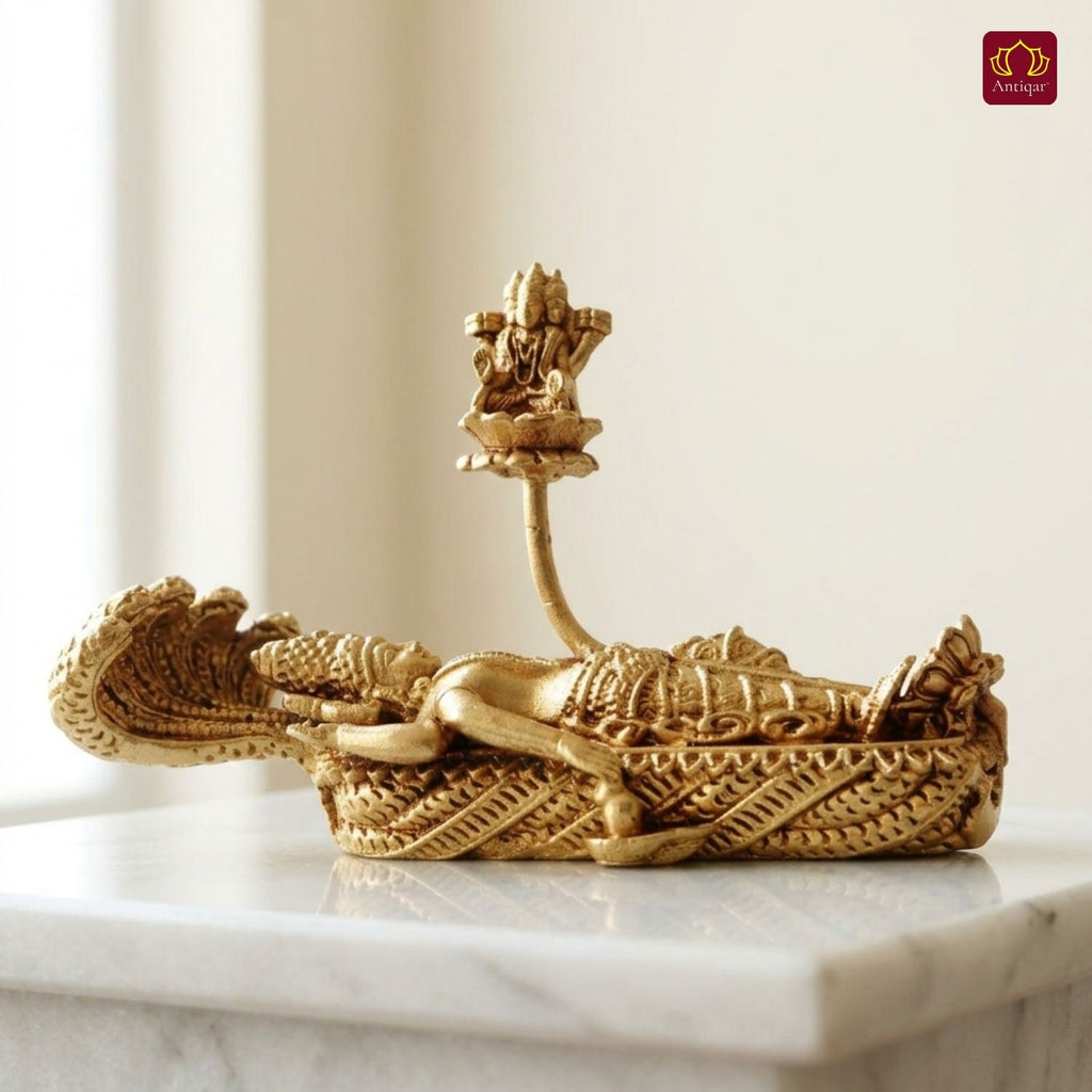 Brass Padmanabha Swamy Idol(Shesha-Shayi Lord Vishnu) - 5cm | Antique Finish | Spiritual Idol for Temple, Home & Car Dashboard Decor