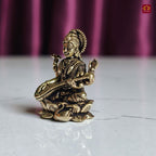 Brass Miniature Saraswati Ji Idol - 3cm | Antique Finish | Spritual use for Home, Temple & Car Dashboard Decor