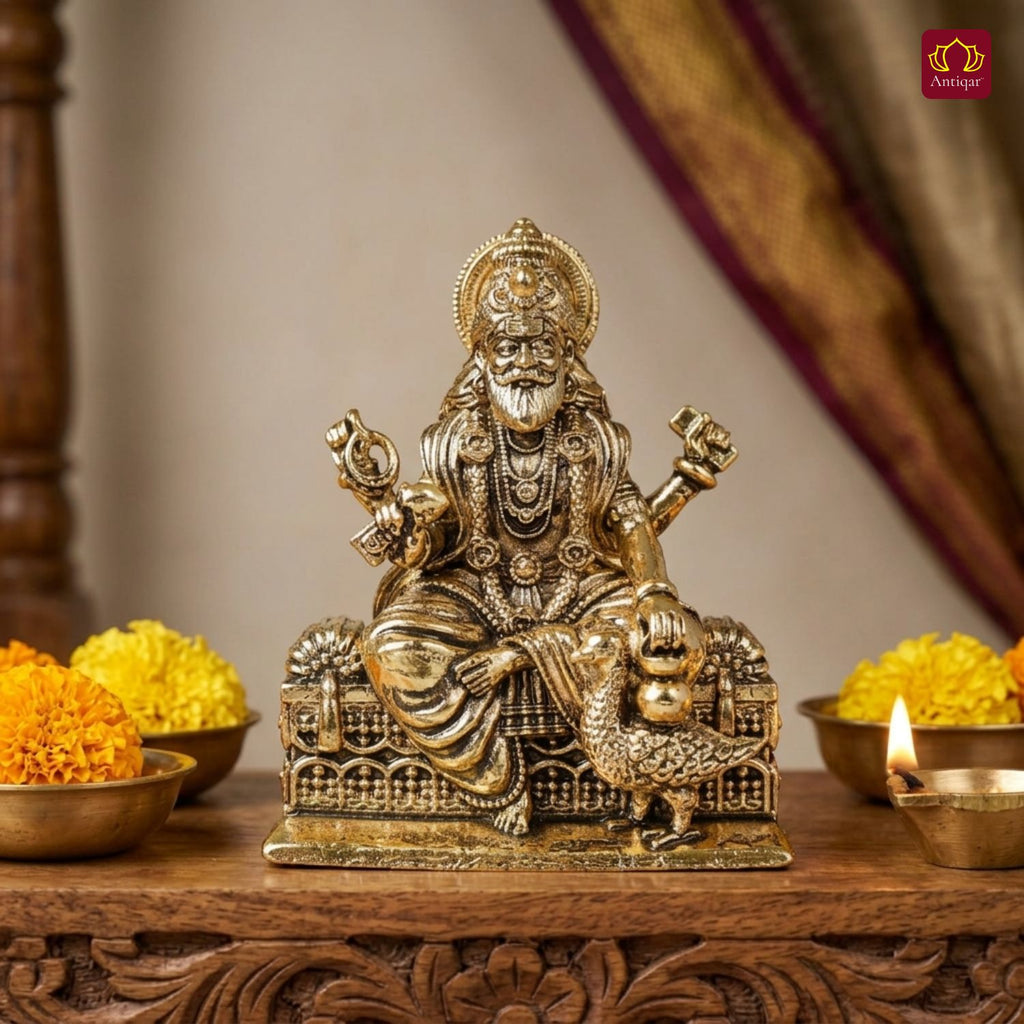 Brass Vishwakarma Ji Idol – 5 cm | Golden Finish | Spiritual Idol for Home, Office, Workshop, Temple & Car Dashboard Decor