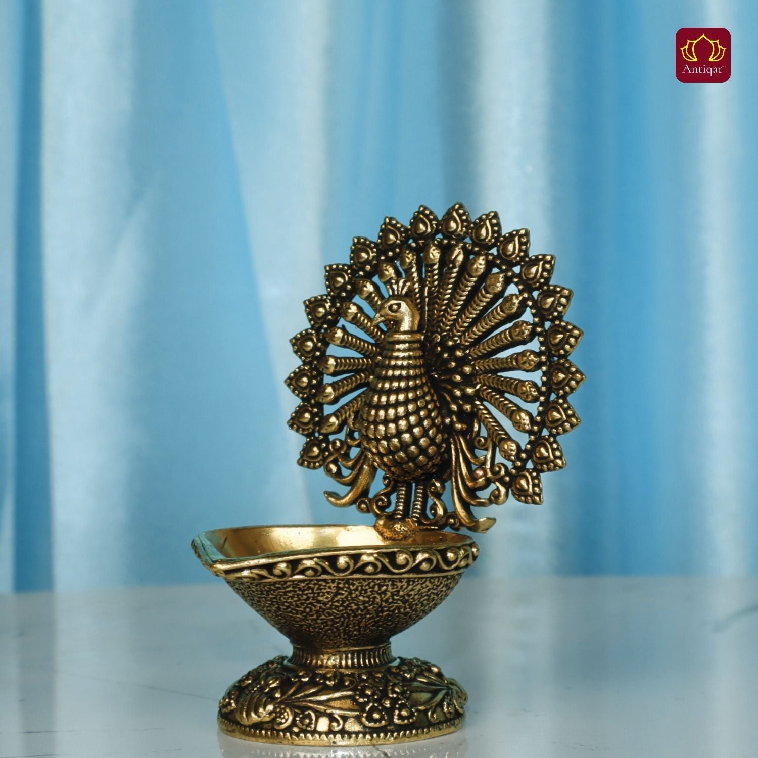 Brass Dancing Peacock on Diya - 7.5cm | Antique Finish | Spritual use for Pooja, Temple & Festival Decor