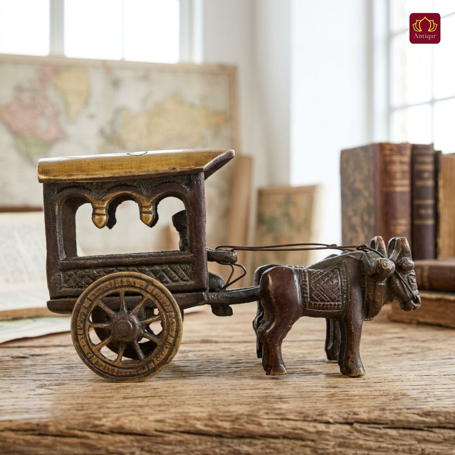 Brass Designer Roof Bullock Cart Golden Showpiece -7.5 | Antique Brown Finish | Handicraft Decorative Showpiece for Home, Table & Office Decor