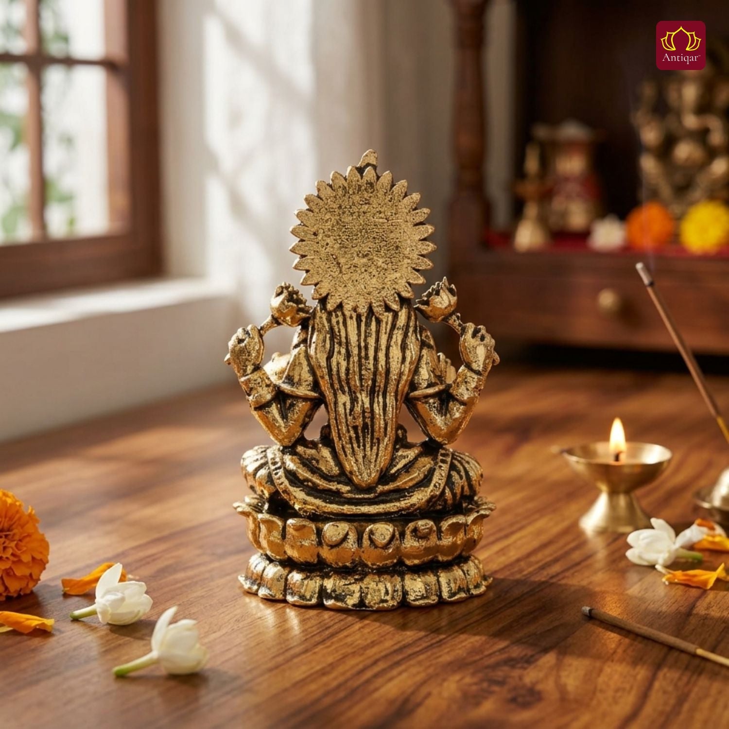 Brass Lakshmi JI Idol - 4.5cm | Golden Finish | Spiritual Decor for Temple, Home & Car Dashboard