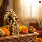 Brass Ganesh Ji Idol - 5cm | Sitting on Singhasan | Antique Golden Finish | Spiritual Idol for Temple & Home Decor