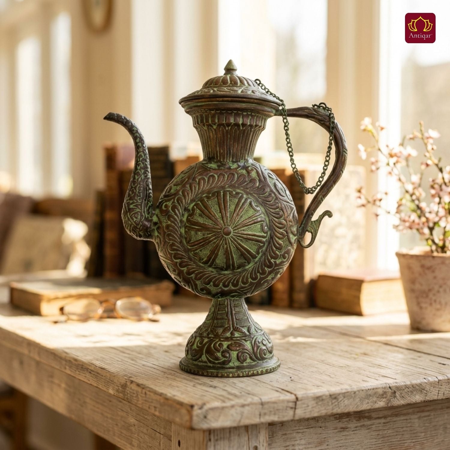 Antique Brass Tea & Coffee Kettle - 29cm | Green Patina Finish | Vintage  Mughlai Style use in Home,Office & Restaurant Decor