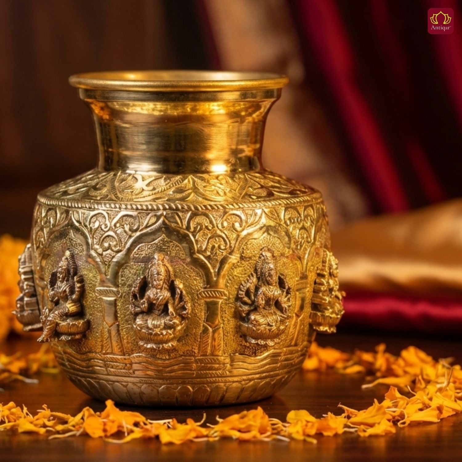 Brass Ashta Lakshmi Kalash - 14cm | Antique Yellow Finish | Spritual use for Pooja, Temple & Festival Decor