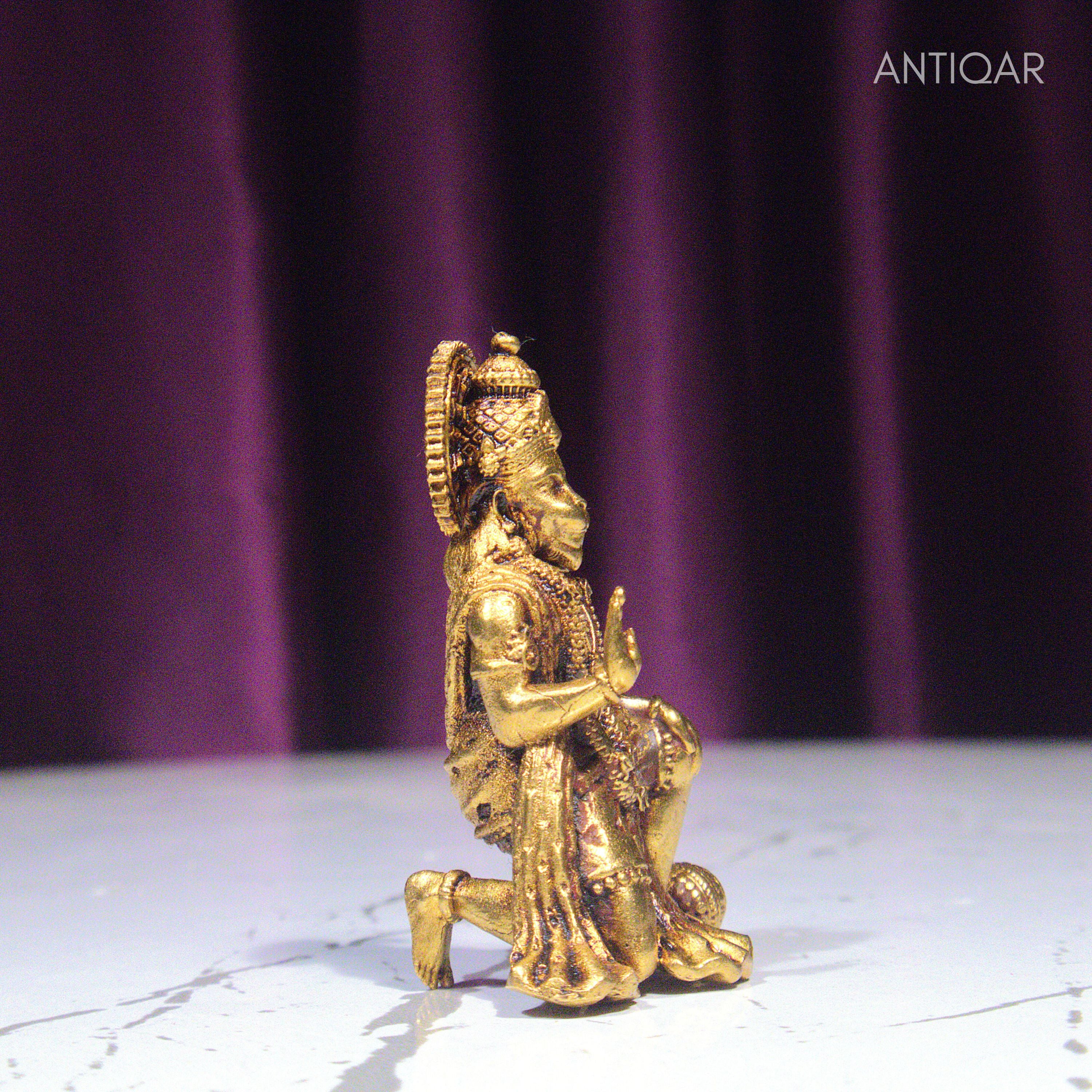 Brass Vintage Base Sitting Hanuman Ji Idol – 4cm | Antique Finish | Spiritual Idol for Temple, Home & Car Dashboard Decor