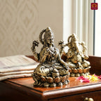 Brass Ganesh Laxmi pair Idol - 5cm| Sitting on Lotus | Antique Finish | Spiritual Decor for Temple, Home & Car Dashboard
