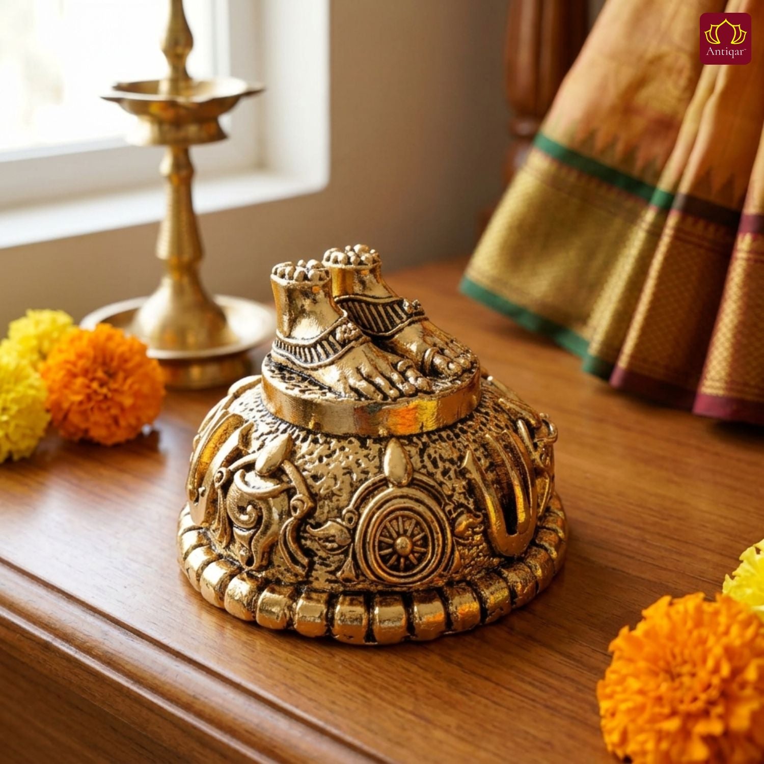 Brass Balaji Charan Paduka - 3cm | Golden Finish | Handcrafted Spiritual Symbol for Temple & Home Decorr