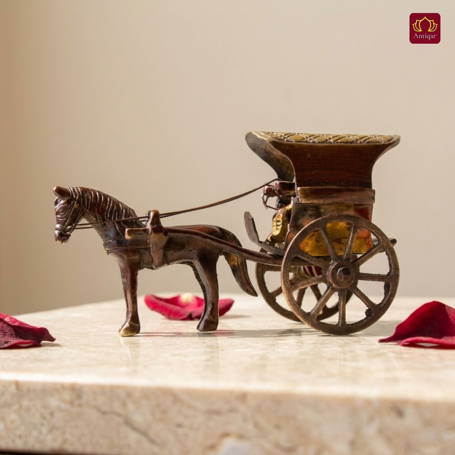 Brass Horse Cart Showpiece – 7.5 cm | Single Horse with Carved Roof | Antique Brown Colored Finish | Handcrafted Decor for Festival, Temple & Home