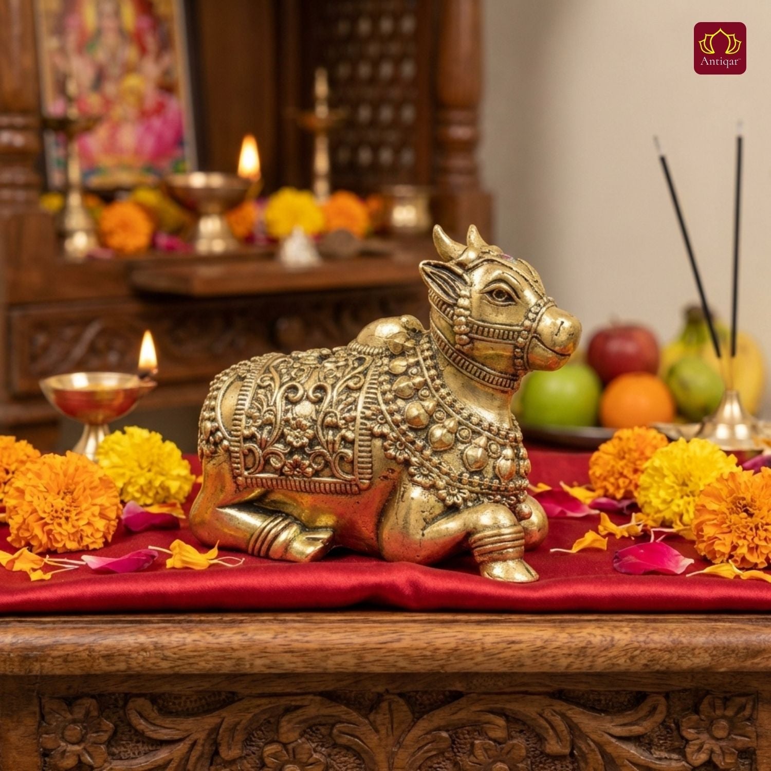 Brass Nandi Figurine - 6cm | Antique Finish | Spritual use for Home, Temple & Car Dashboard Decor