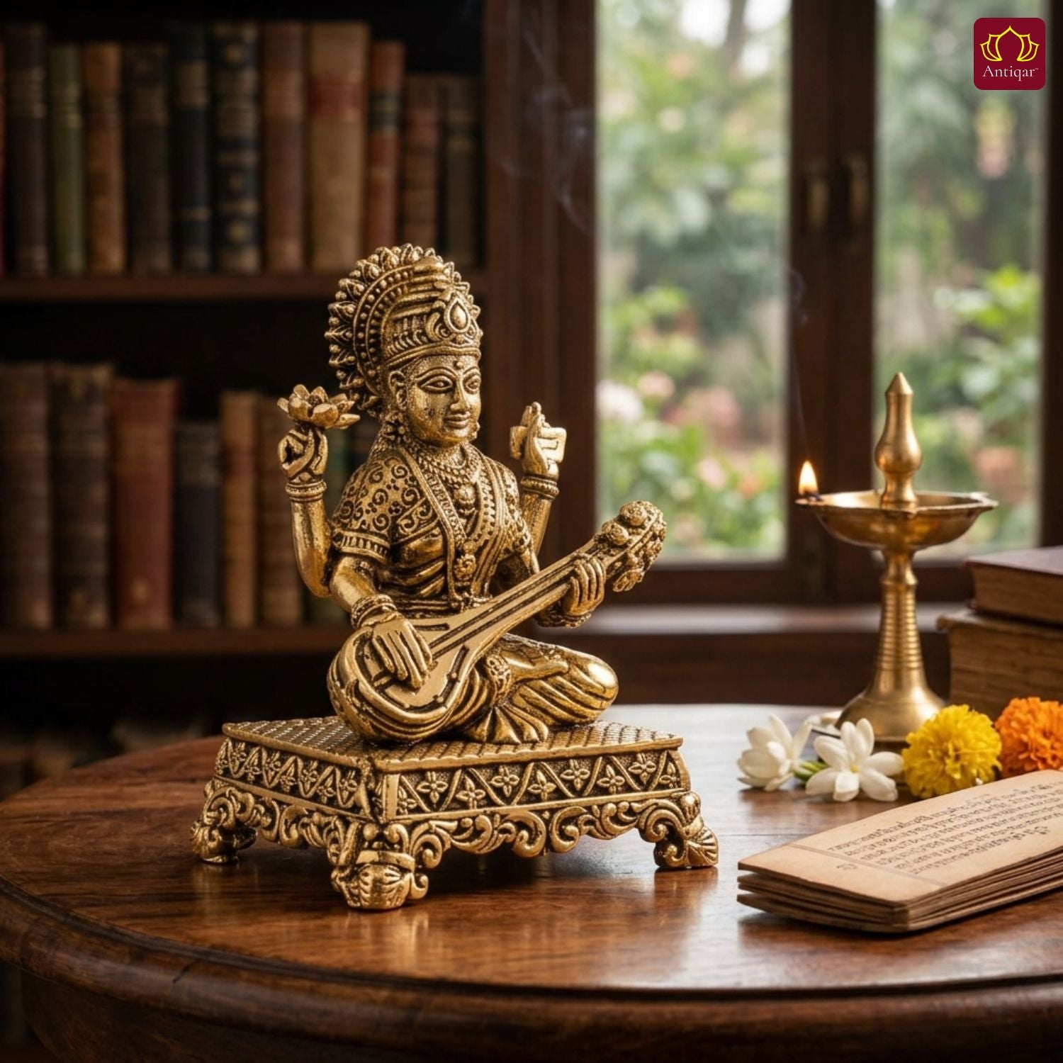 Brass Saraswati Ji Idol - 5.5cm | Golden Finish | Spritual use for Home, Temple & Car dashboard Decor