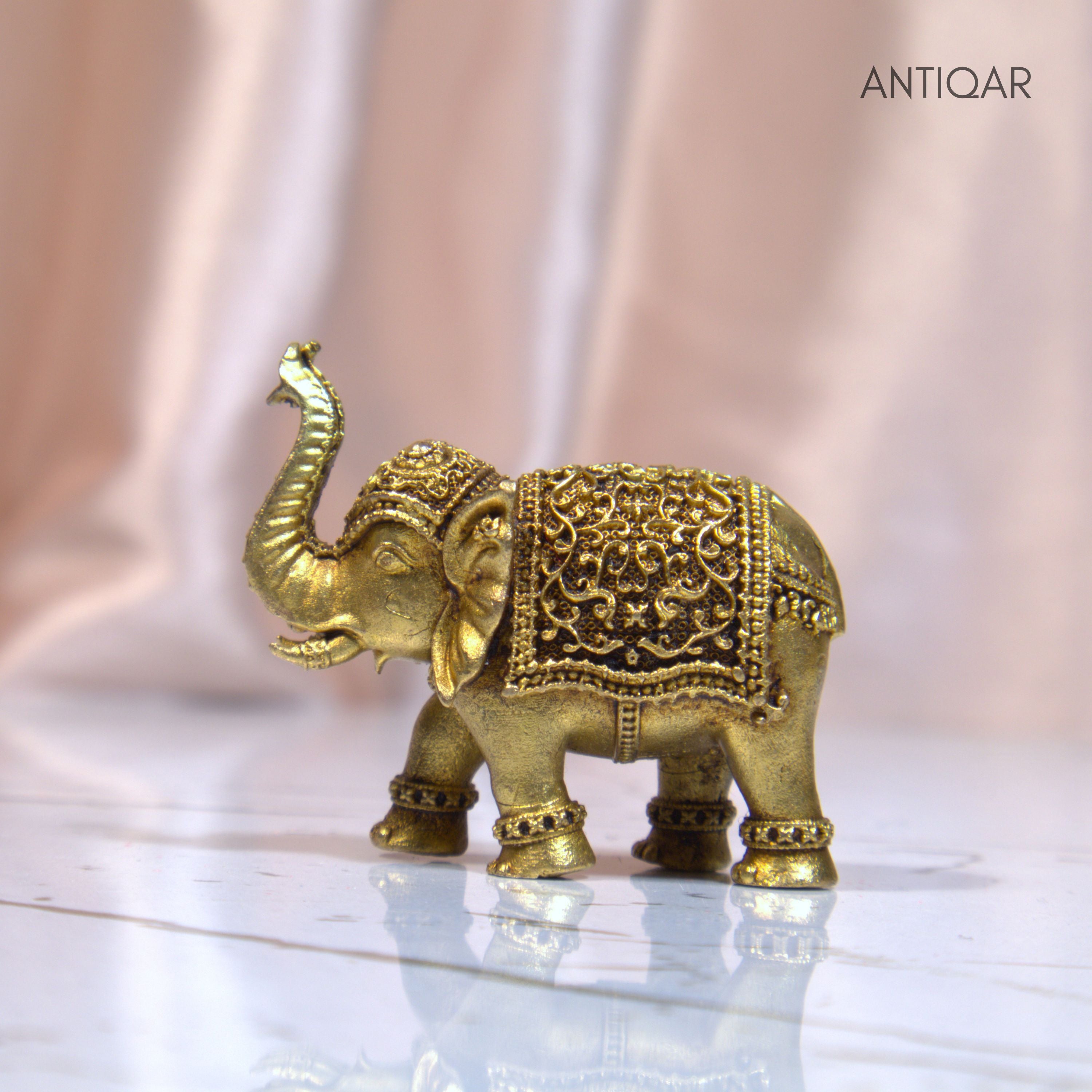 Brass Elephant Showpiece in Vintage Design - 3.5cm | Antique Golden Finish | Decorative Figurines for Temple, Home & Office