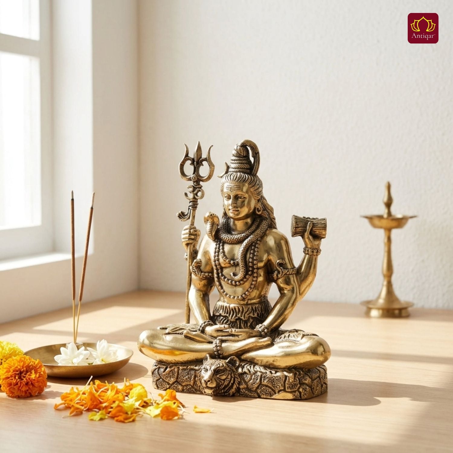 Brass Shiv Ji Idol - 8 cm | Antique Finish with Trisul | Spiritual use for Temple, Home & Car Decor