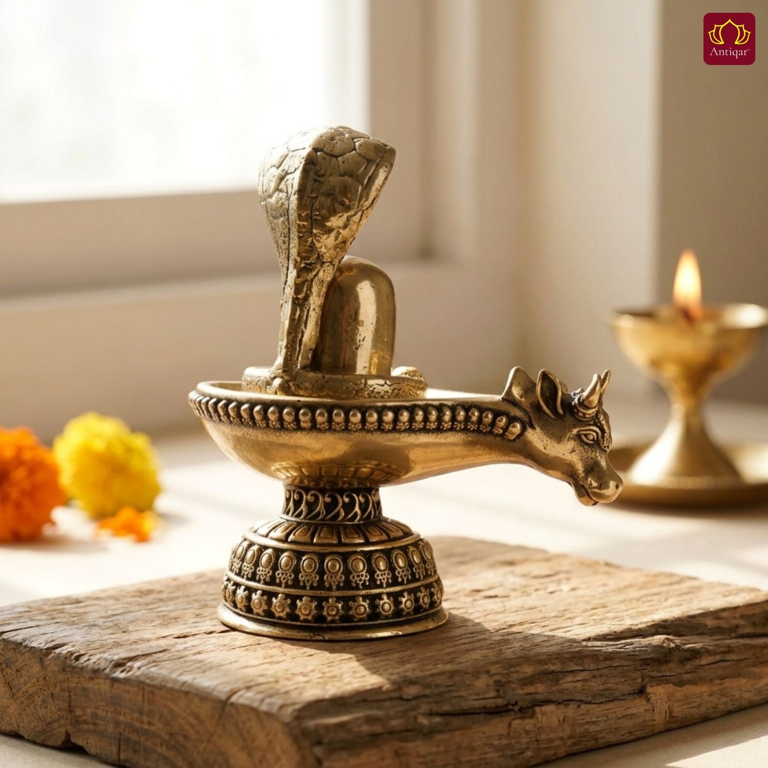 Brass Shivling with Detachable Sheshnaag – 8cm | Golden Finish | Spiritual Idol for Temple & Home Decor