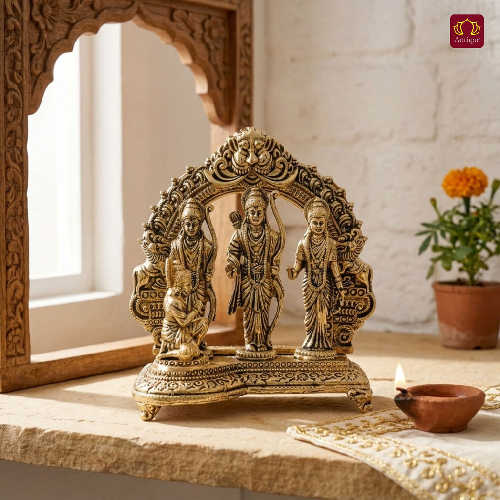 Brass Ram Darbar - 9cm | Golden Finish | Spiritual Idol for Temple & Home Decor