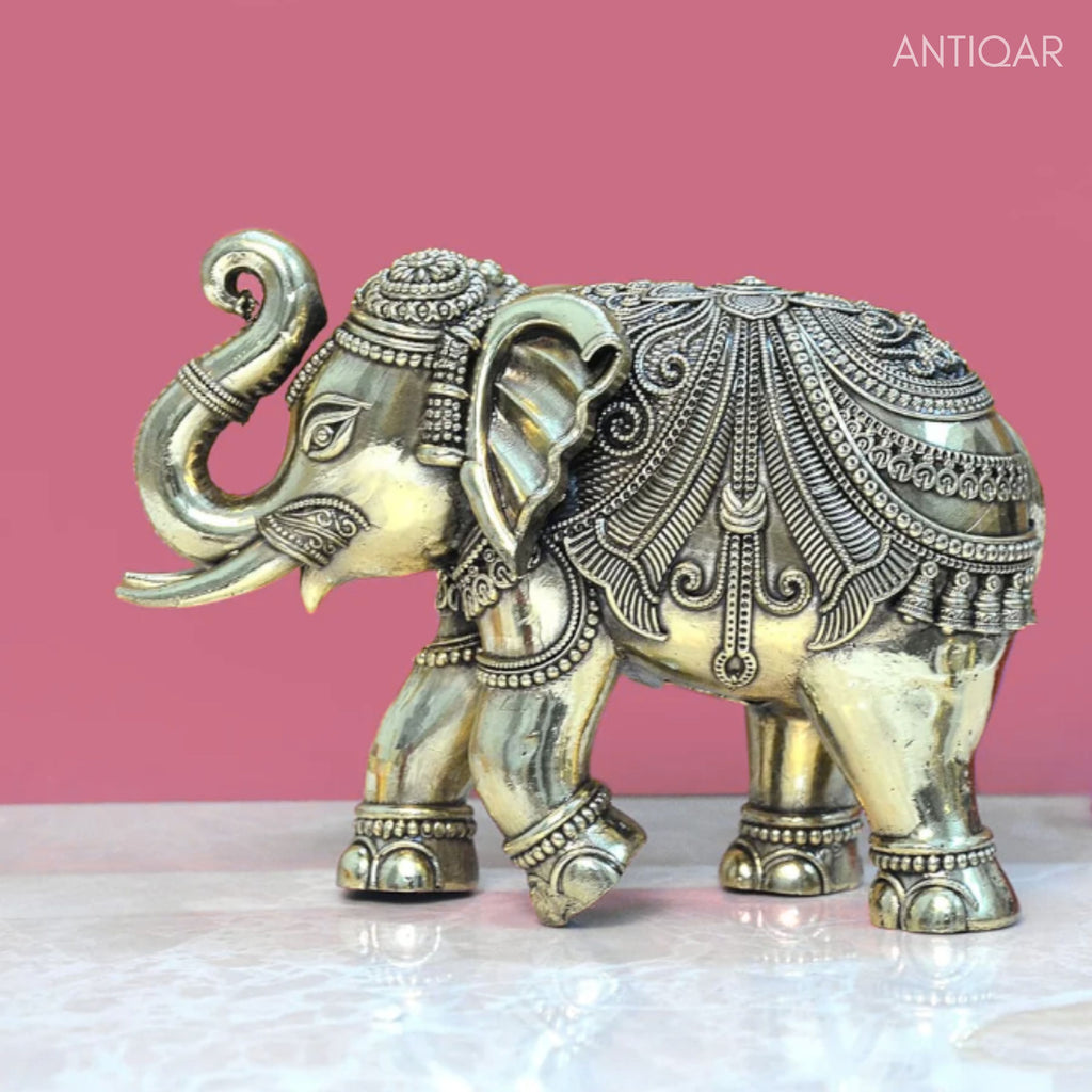 Brass Elephant Showpiece in Floral Design - 6.5cm | Antique Golden Finish | Decorative Figurines for Temple, Home & Office