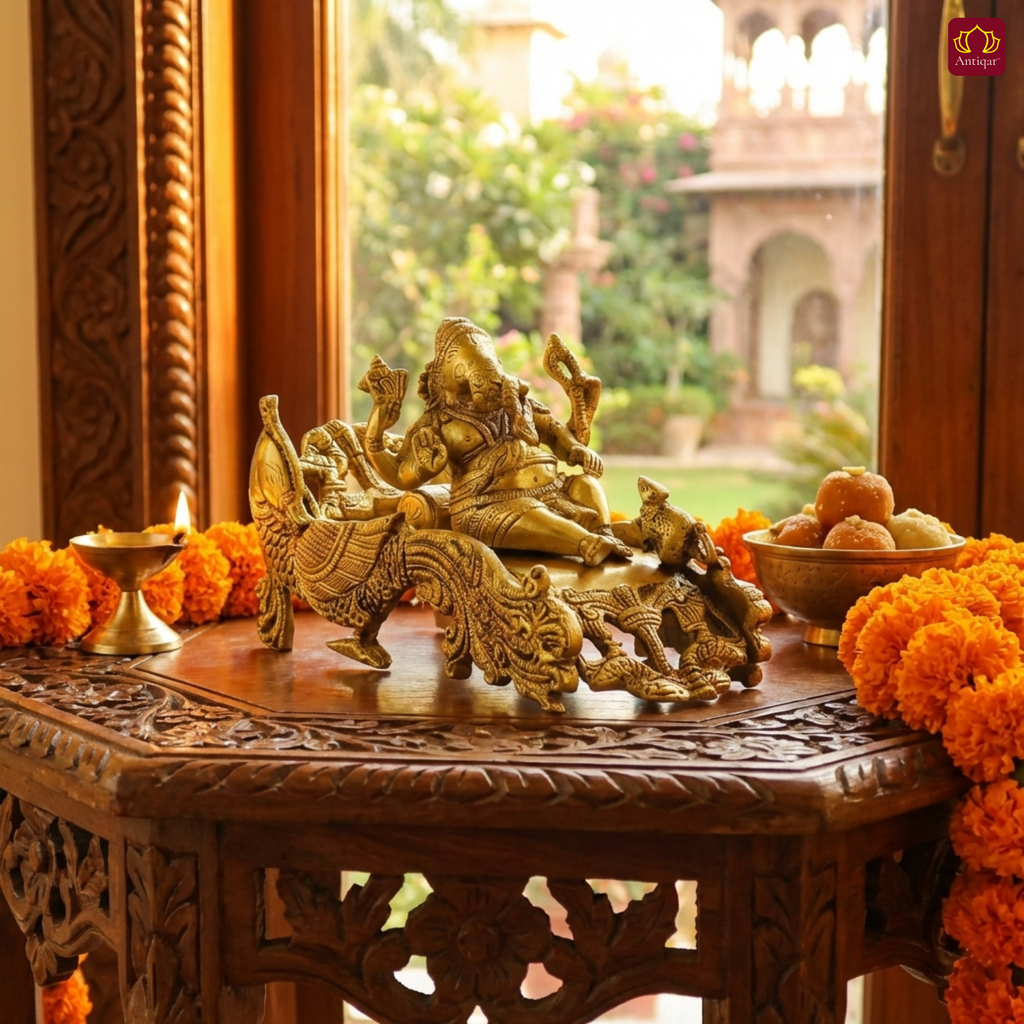 Brass Ganesh Ji Idol – 12 cm | Sitting on Peacock-Carved Singhasan with Ornate Backrest | Antique Golden Finish | Handcrafted Spiritual Decor for Temple, Home & Table