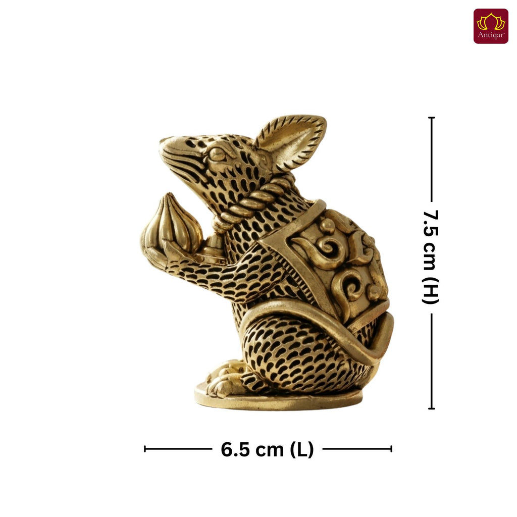 Brass Mooshak Raj (Rat ) Idol – 7.5 cm | Antique Golden Finish | Spiritual Use for Home, Temple & Car Dashboard Decor