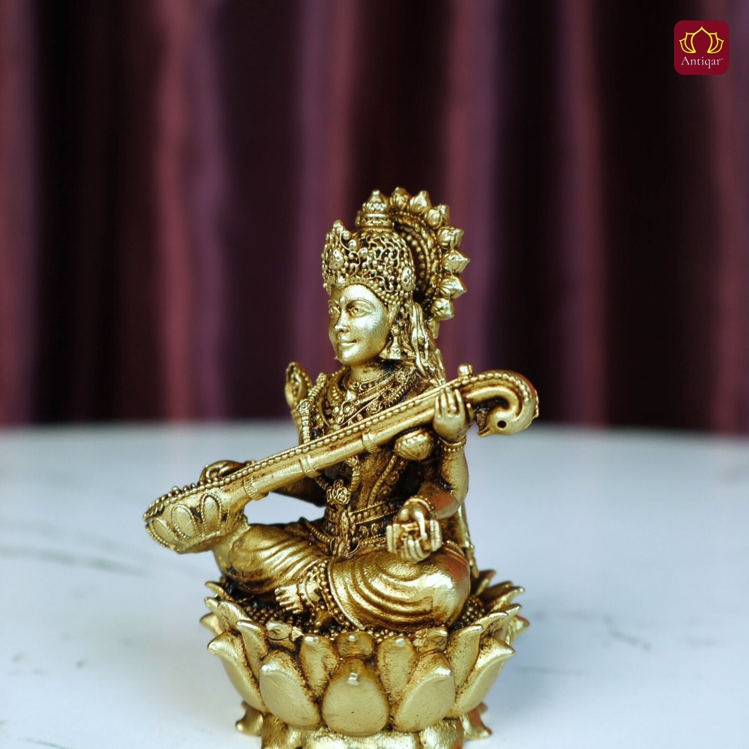 Brass Saraswati Ji Idol - 7.5cm | Antique Golden Finish | Spiritual Idol for Temple & Home Decor