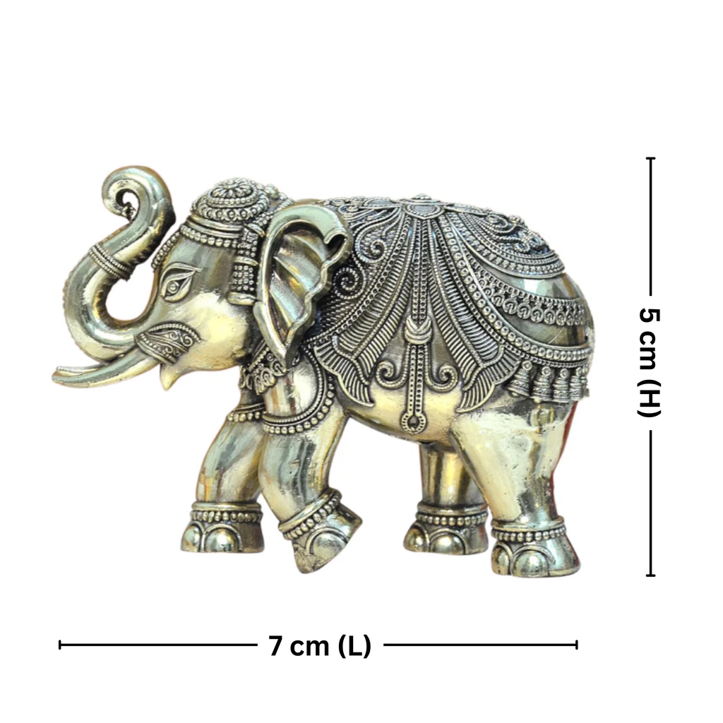 Brass Elephant Showpiece in Floral Design - 5cm | Antique Golden Finish | Decorative Figurines for Temple, Home & Office