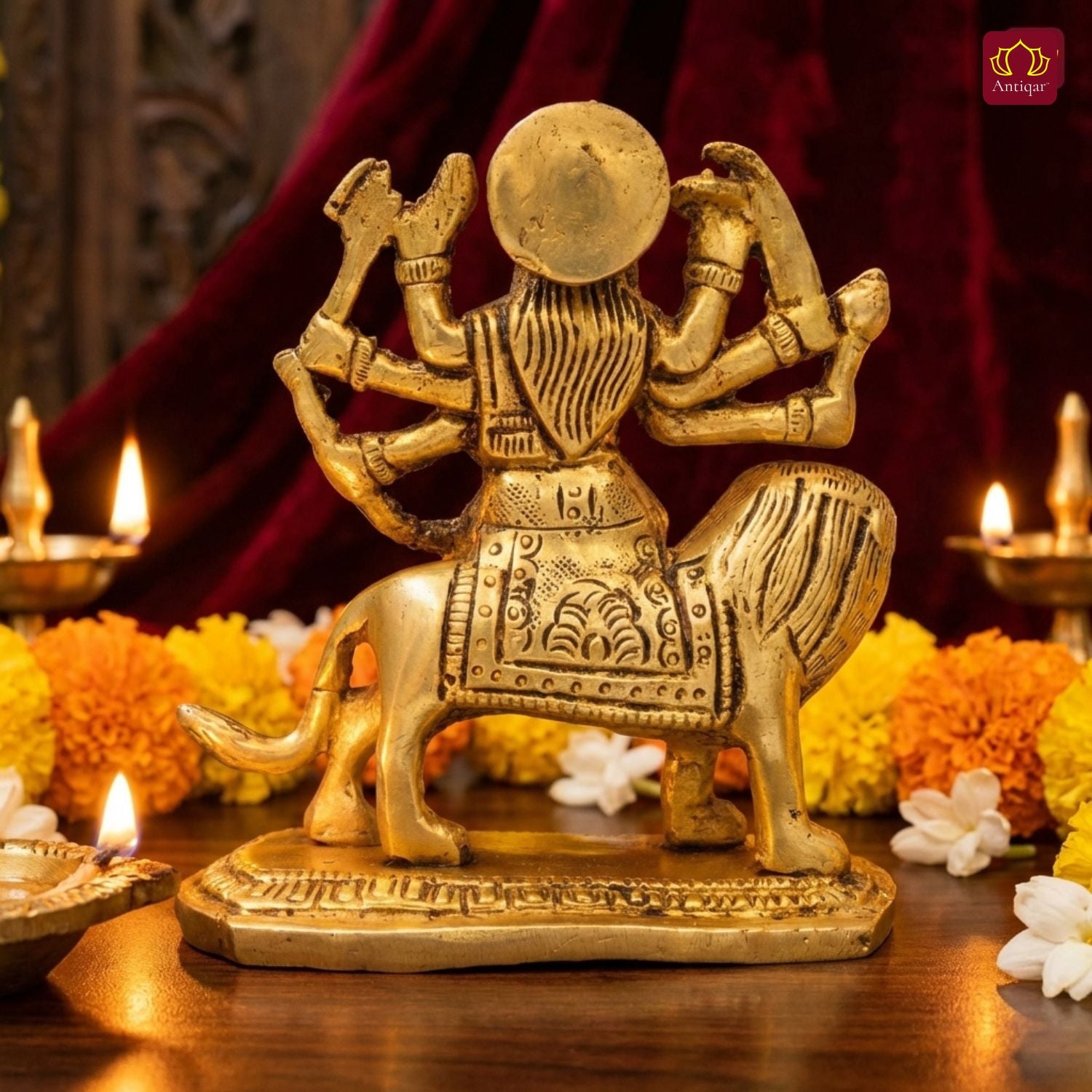 Brass Sherawali Mata Idol - 11 cm | Sitting on Lion | Antique Golden Finish | Handcrafted Idol for Temple, Home & Car Dashboard