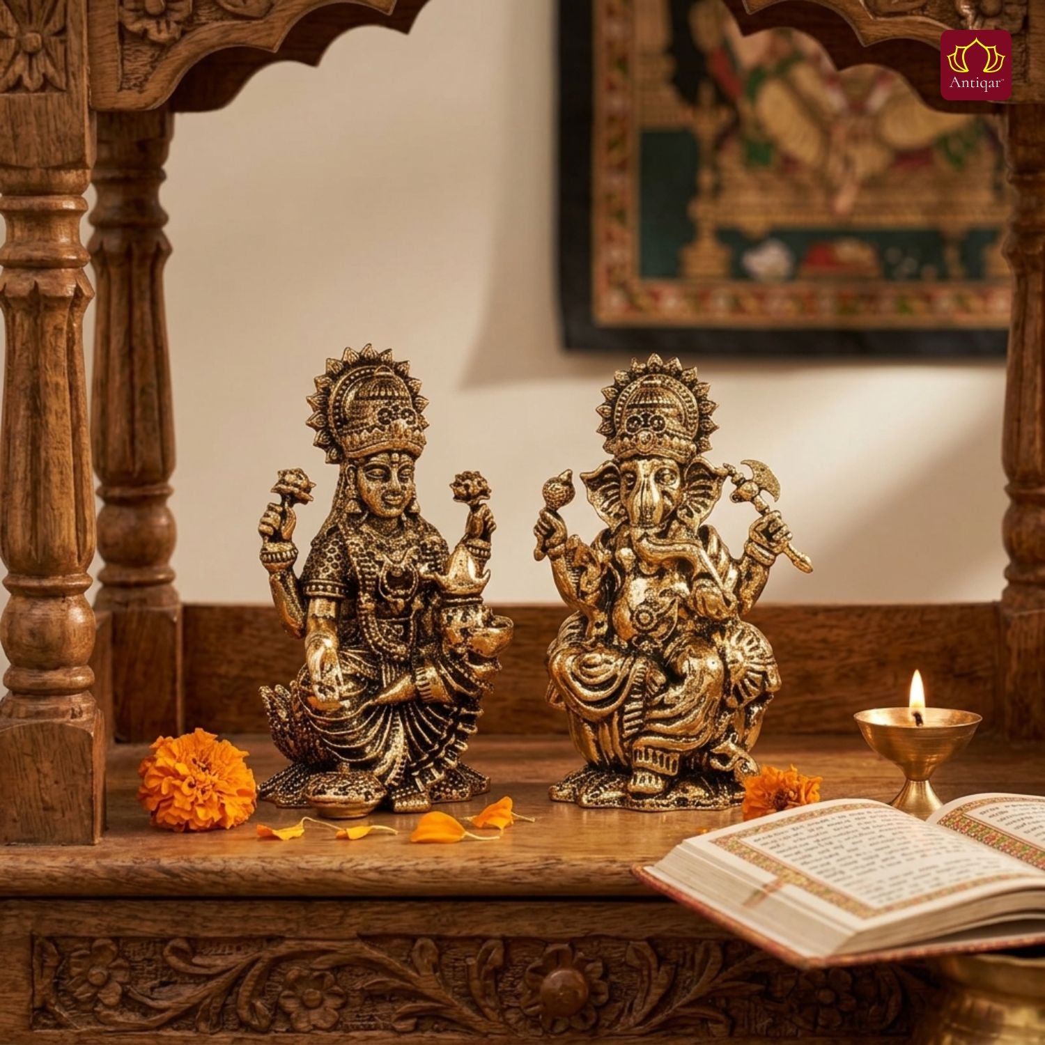 Brass Ganesh Laxmi Pair Idol - 5 cm | Golden Finish | Spiritual Idol for Temple & Home Decor