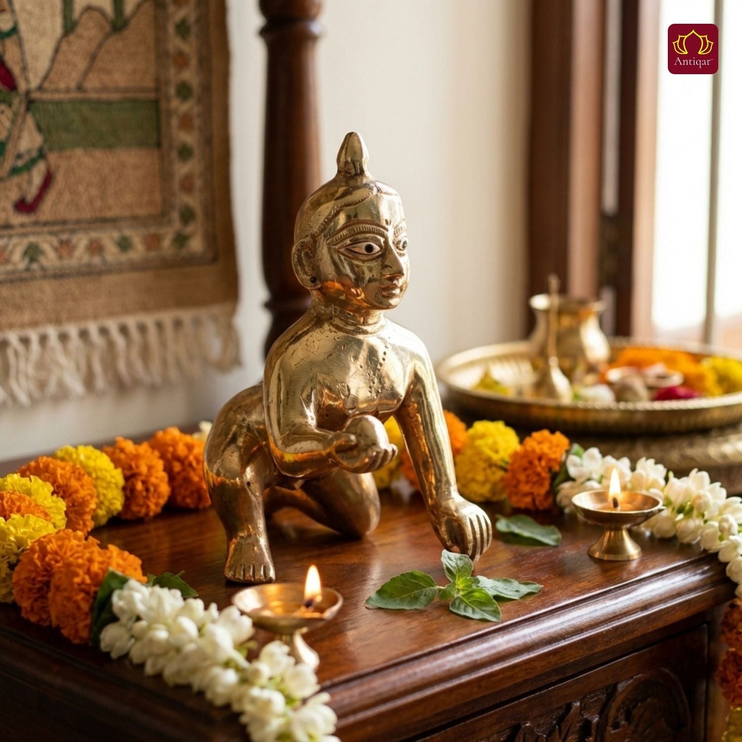 Handcrafted Laddu Gopal Brass Idol - 12cm | Superfine Finish | For Pooja, Temple & Car Dashboard Decor