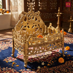 Brass Twin Peacock Embossed Design Laddu Gopal Singhasan – 19.5cm | Antique Golden Finish | Handcrafted Large Size Throne for Temple, Home & Festival Decor