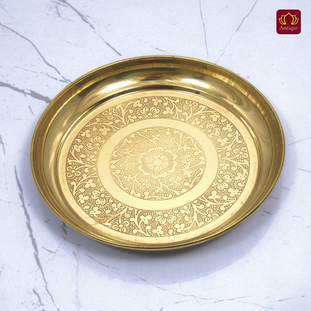 Brass Etching Design Plate - 2cm | Serve Main Course items in Lunch & Dinner | Antique Golden Finish | Traditional Mughlai Style use for serving in Kitchen, Festivals and Restaurents