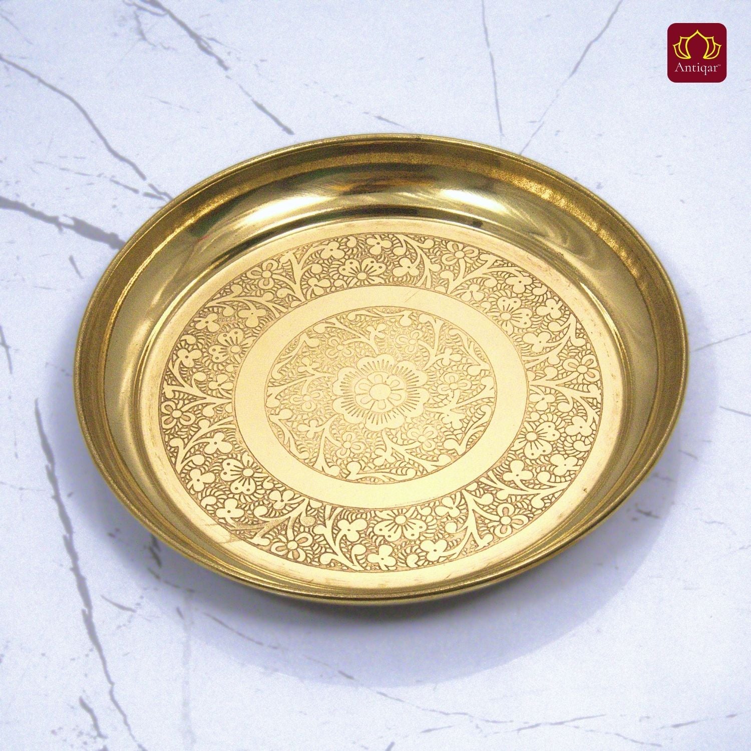 Brass Etching Design Plate - 2cm | Serve Main Course items in Lunch & Dinner | Antique Golden Finish | Traditional Mughlai Style use for serving in Kitchen, Festivals and Restaurents