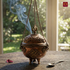 Tibetan Copper Hanging Incense Burner with Chain - 15cm | Antique Brown Finish | Suspended Vessel use for Prayers & Meditation