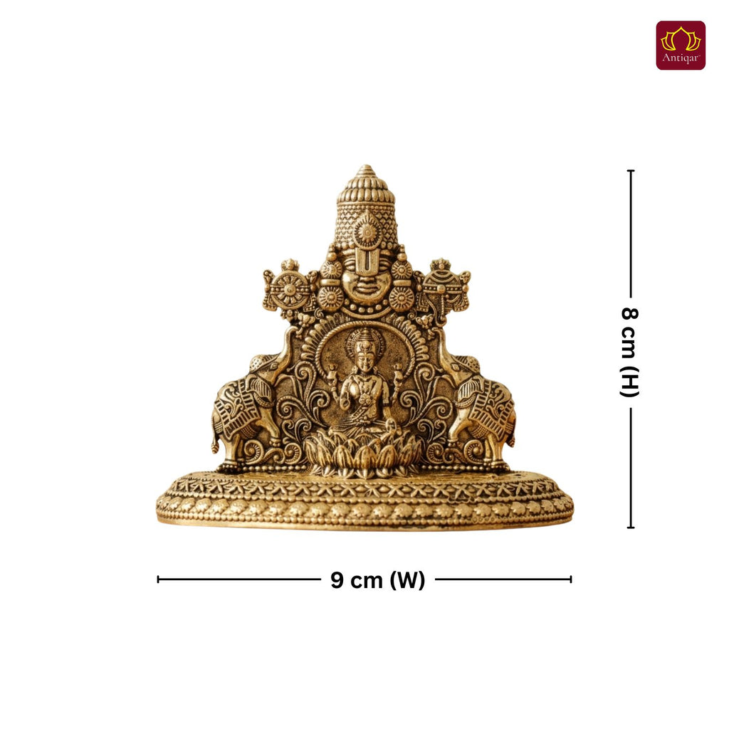 Brass Tirupathi Balaji & Goddess Gajalakshmi with Vaishnava Symbols - 8cm | Golden Finish | Spritual use for Home, Temple & Car dashboard Decor