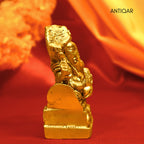 Brass Ganesh Ji on rat-Drawn Chariot – 9 cm | Antique Golden Finish | Handcrafted Idol for Temple, Home & Table Decor