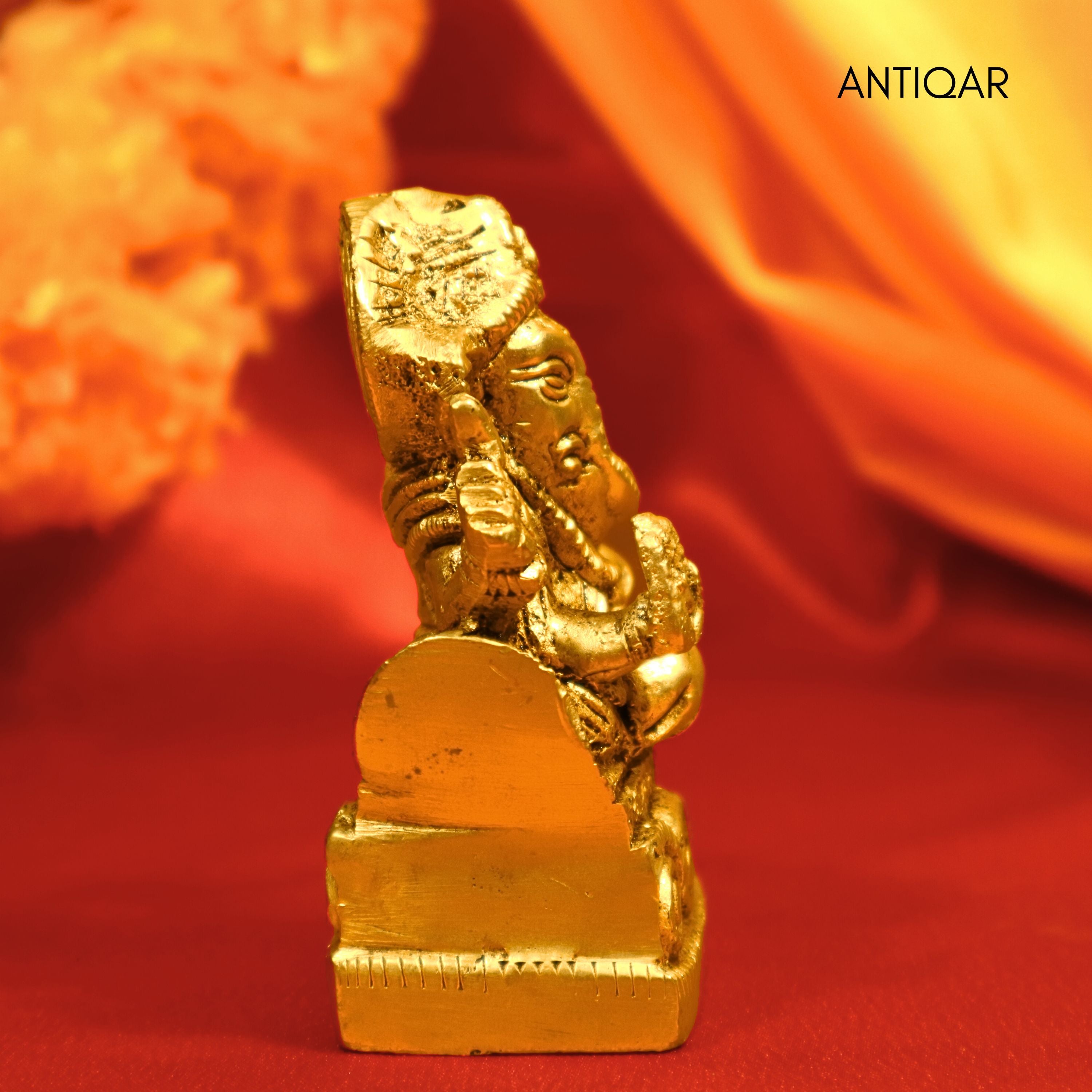 Brass Ganesh Ji on rat-Drawn Chariot – 9 cm | Antique Golden Finish | Handcrafted Idol for Temple, Home & Table Decor