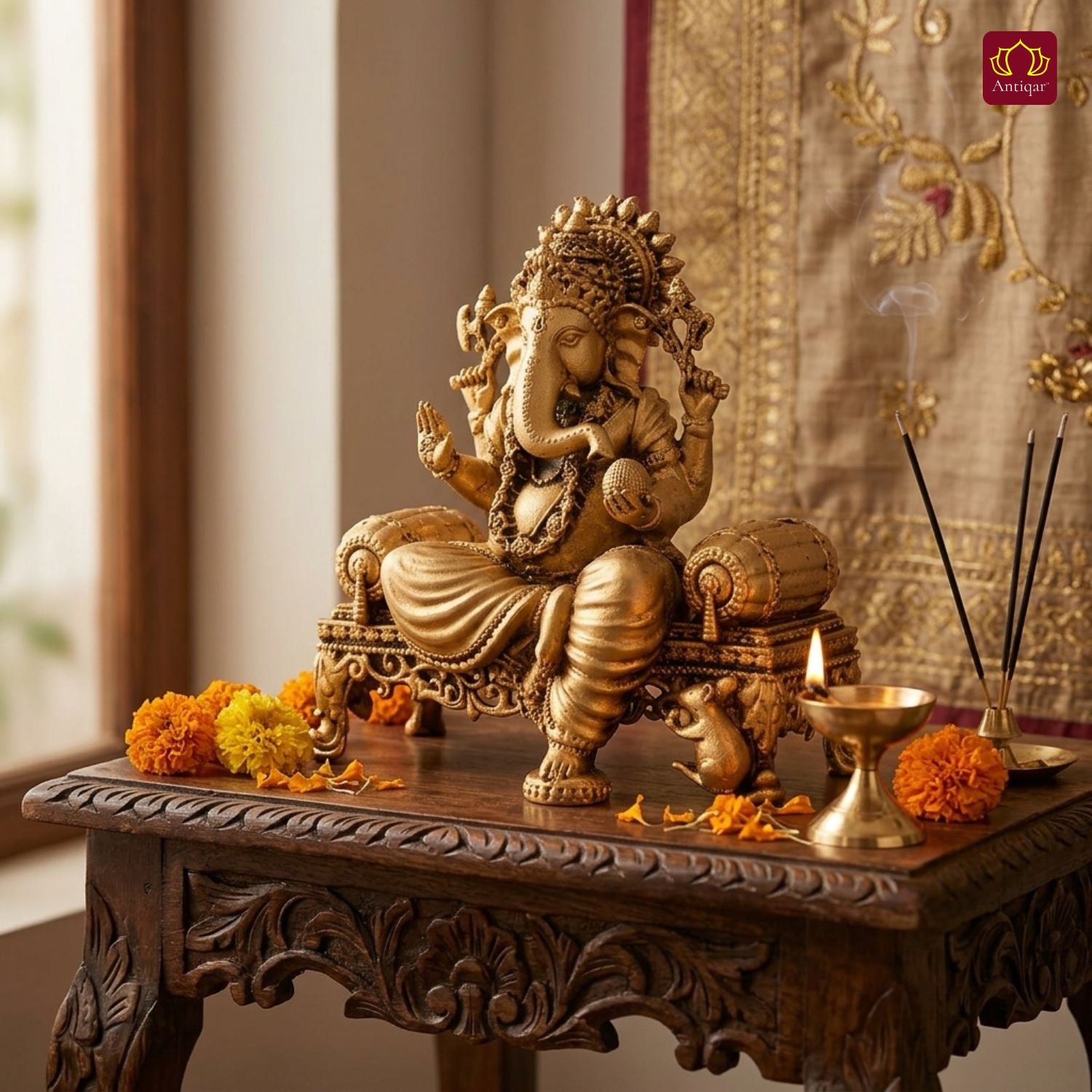 Brass Singhasan Ganesh Idol - 8cm | Antique Golden Finish | Spritual use for Home, Temple & Car dashboard Decor