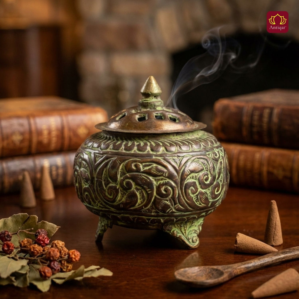 Brass Tibetan Incense Burner - 10cm | Green Patina Finish | Decorative Vessel use for Meditation , Rituals & Aromatherapy