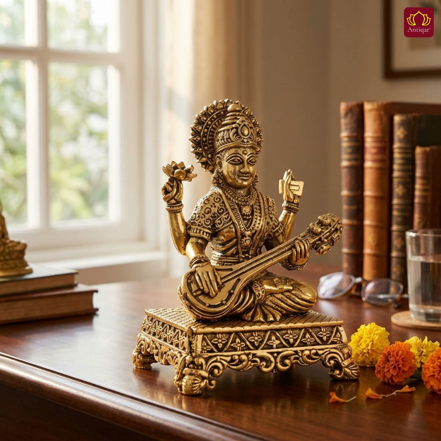 Brass Saraswati Ji Idol - 6cm | Golden Finish | Spritual use for Home, Temple & Car dashboard Decor