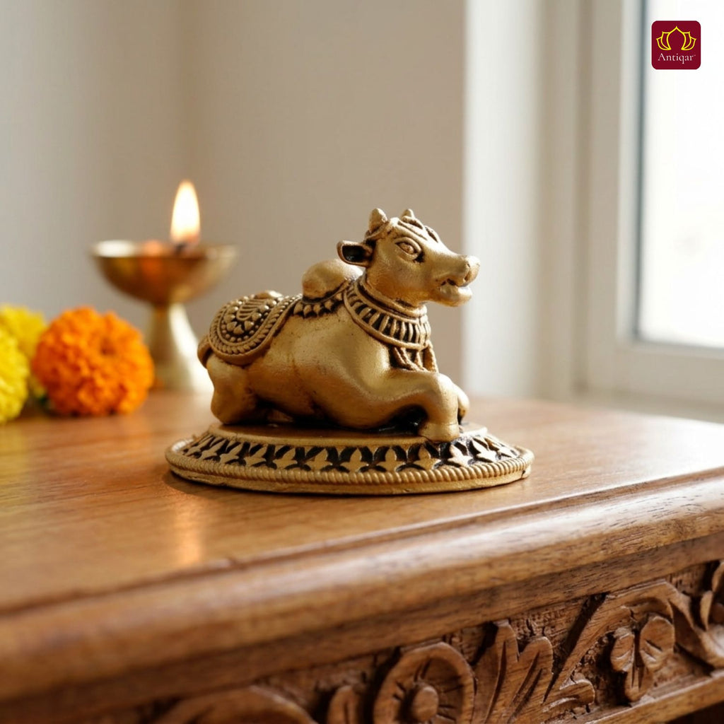 Brass Nandi Figurine - 3.5cm | Antique Golden Finish | Spritual use for Home, Temple & Car Dashboard Decor