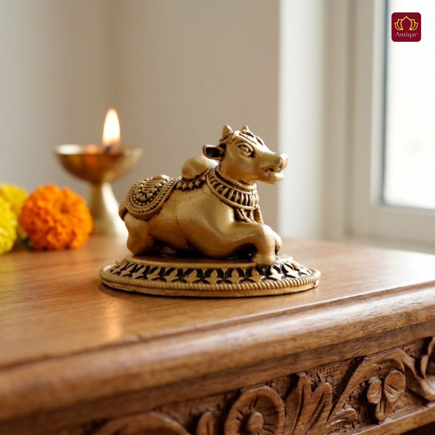 Brass Nandi Figurine - 3.5cm | Antique Golden Finish | Spritual use for Home, Temple & Car Dashboard Decor
