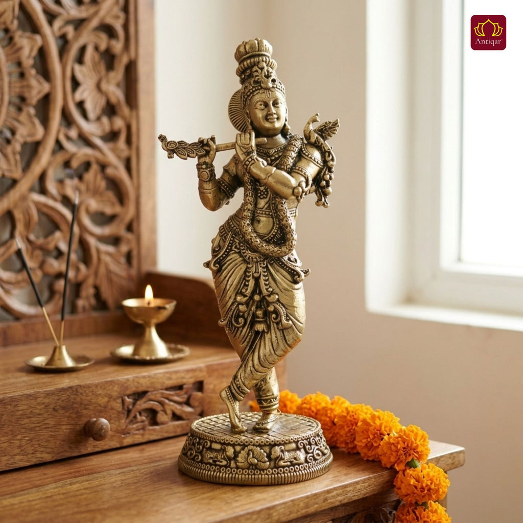 Brass Lord Krishna Idol Playing with Flute - 16.5cm | Antique Finish | Handcrafted Artwork | Home & Office Decor | Ideal for Gifting & Spiritual Blessings