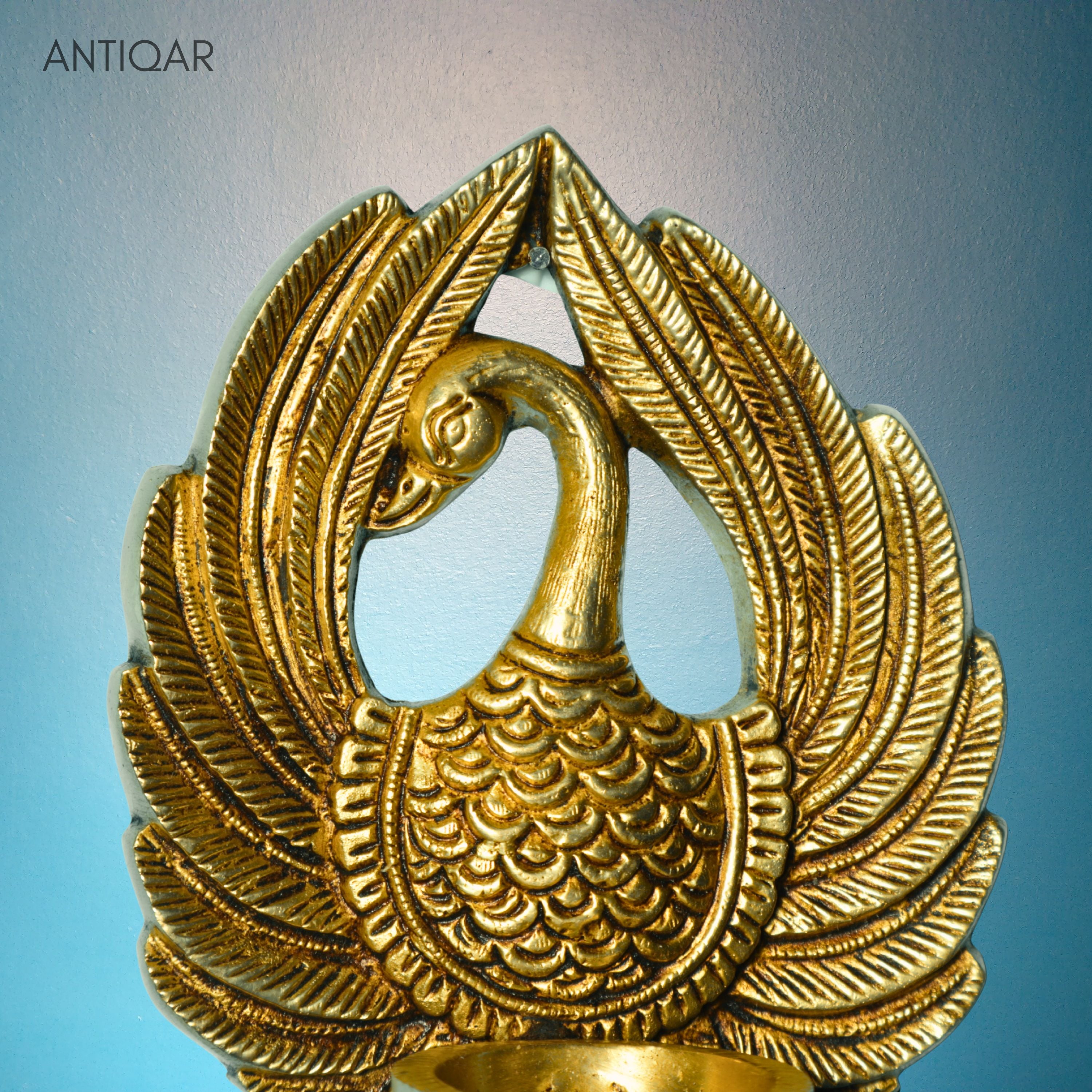 Brass Dancing Peacock Wall Hanging Diya – 23 cm | With One Bell & Intricate Carving | Antique Golden Finish | Handcrafted Decor for Temple, Home & Wall