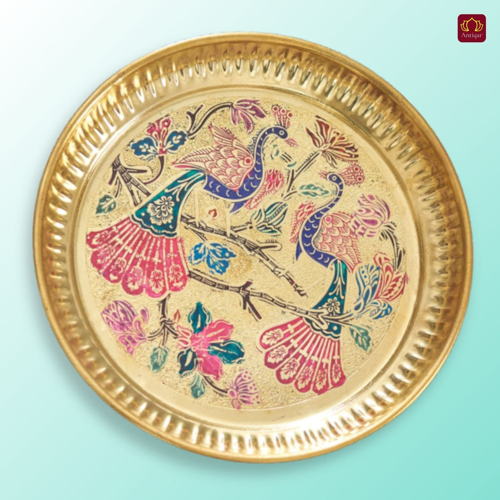 Brass Meenakari Etched Plate – 3cm | Embossed Peacock & Floral Design | Ideal for Serving Sweets, Fruits & Bhog Offerings