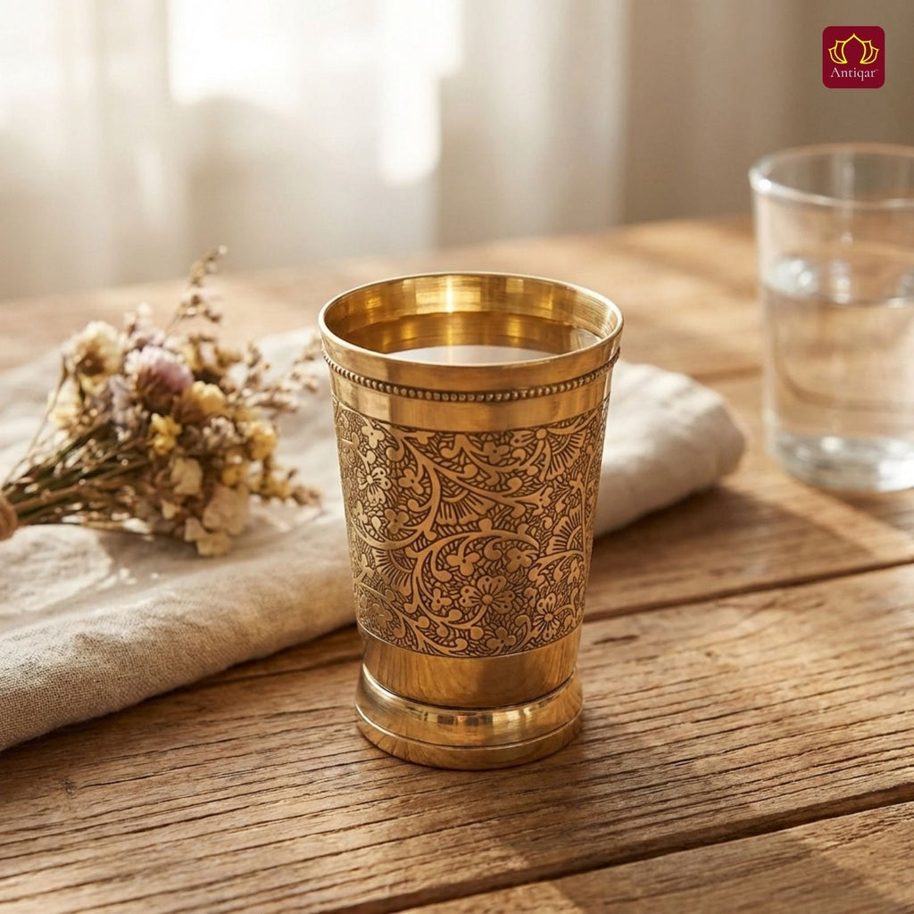 Brass Etching Design Glass - 10.5cm | Serve water & Milks | Antique Golden Finish | Traditional Mughlai Style use for serving in Kitchen, Festivals and Restaurents