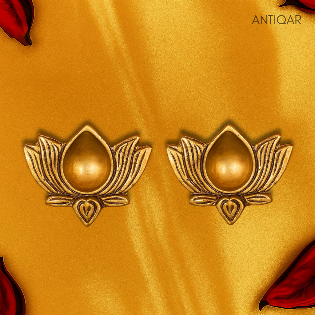 Brass Lotus Diya -2cm | Antique Golden Finish | Handcrafted for Pooja Temple & Festival Decor (Set of 2)